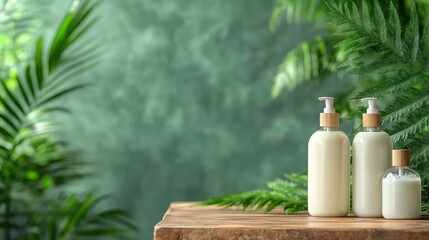 Wall Mural - Organic body lotions in elegant glass bottles, arranged on a bathroom shelf adorned with lush greenery, inviting a sense of tranquility and eco-friendly luxury.