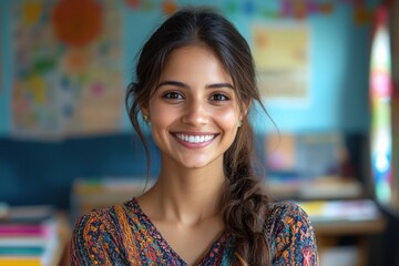 Joyful young indian woman smiling indoors with colorful background