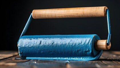 Wall Mural - Blue paint roller with wooden handle resting on dark backdrop