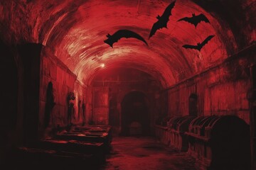 Dark, eerie underground tunnel with red lighting and bats flying overhead.