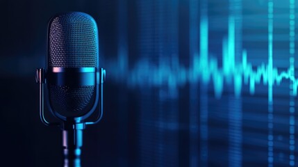 A vintage microphone in a recording studio with a blue sound wave in the background.