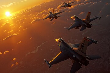 Wall Mural - Four fighter jets flying at sunset in sky