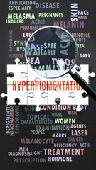 Wall Mural - Hyperpigmentation under magnifying glass, being researched, studied and examined. Most important subjects and ideas closely related to hyperpigmentation written around a puzzle.