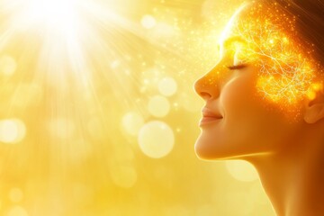 Poster - A portrait of a woman standing in bright glowing golden sunlight symbolizing warmth vitality and a connection to the positive energy of the sun in a serene outdoor setting