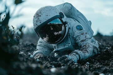 A man in a white spacesuit is digging in the dirt, a mood of exploration and adventure