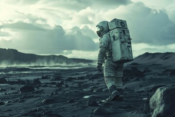 A man in a spacesuit is walking across a barren landscape, desolate and barren