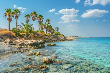 Wall Mural - Tropical beach with palm trees and turquoise sea water