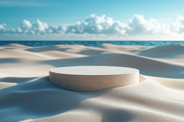 A white sand sculpture sits on a beach, with the ocean in the background