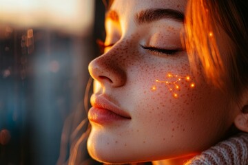 Poster - A peaceful close up portrait of a woman with glowing freckles symbolizing beauty warmth and a moment of quiet reflection amidst soft ambient lighting in an urban setting