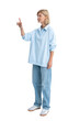 © ImageFlow - Woman wearing a light blue shirt and jeans, pointing at something. Isolated on a white background. Concept of interaction and direction