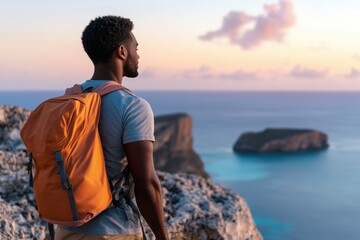 Man with backpack enjoying scenic ocean cliff view at sunset