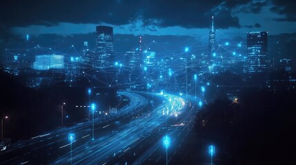 Night cityscape with glowing highway and digital network lines.