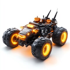 A Halloween-themed space rover, with glowing pumpkin wheels, sci-fi elements, isolated on white background