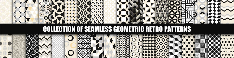 Collection of creative monochrome vector seamless patterns. Trendy funky backgrounds, fashion retro style. Simple unusual prints