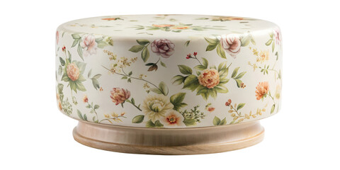 Pedestal with a floral pattern and wooden base, perfect for showcasing decorative pieces or art. Colorful design adds a charming, vintage touch to any room. Isolated on transparent background, png.