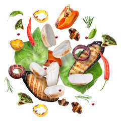 Wall Mural - Grilled vegetables and chicken in air on white background