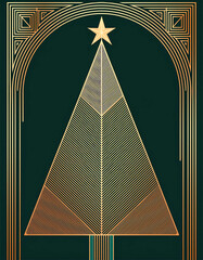 christmas greeting card. elegant art deco christmas tree with intricate gold geometric lines and a star on top, set against a dark green background. holiday greeting cards, invitations, festive decor