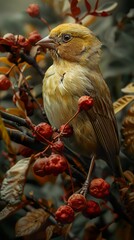 Sticker - Yellow Finch Perched on a Branch with Red Berries