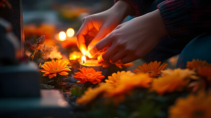 Close-up of hands lighting candles between flowers on graves, representing the act of remembrance. 