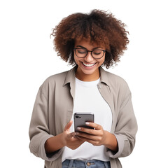 Smiling Woman With Curly Hair Using Smartphone On Transparent Background