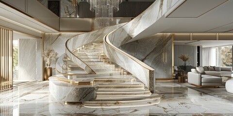 Wall Mural - Curved marble staircase with gold accents, highlighted by a large, cascading chandelier, set in a luxurious, open-plan living room.