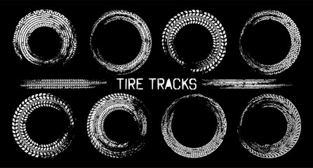 Wall Mural - Grunge circle tire tracks, wheel braking marks. Truck, car or motorcycle tread pattern silhouettes. Auto race, motorsport, speed racing design element. Vector illustration