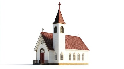 A charming small-town church with a steeple and cross, isolated on a white background, perfect for religious or community themes.