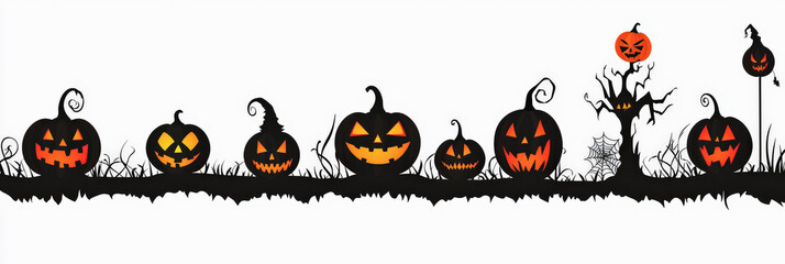 fondo blanco tipo banner con calabazas y arboles negros y naranjas de halloween en distintos tamaños y formas. Concepto fiestas y celebraciones de halloween