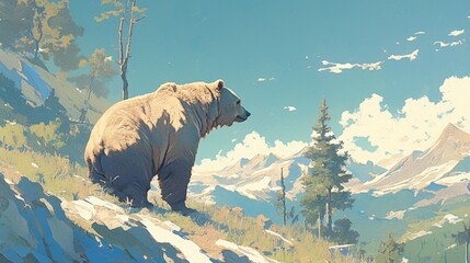 Bear stands on a mountainside, surrounded by trees and distant snow-capped peaks under a clear, blue sky