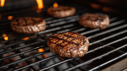 grilled delicious  burger patties on grill rack ,good picture for advertising