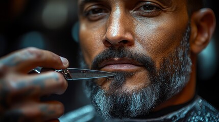 Canvas Print - Close-up of a man with a beard, having his facial hair trimmed with scissors in a barber shop setting