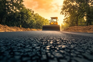 Stunning photography capturing the innovative ai driven process of asphalt road leveling in action