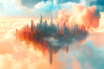 A surreal side view of a floating city