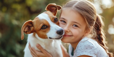 A young girl is hugging a dog. The girl is smiling and the dog is wagging its tail