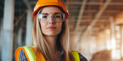 Wall Mural - A woman wearing a safety vest and a hard hat. She is smiling and looking at the camera