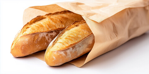 Two loaves of bread are in a brown paper bag. The bread is toasted and ready to eat