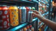 © TheGoldTiger - Hand reaches for a silver beverage can among a variety of colorful cans on a refrigerated shelf in a store
