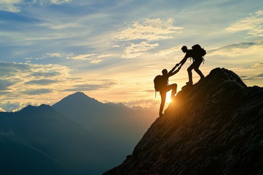 Silhouetted hikers assisting each other while climbing a mountain at sunrise, symbolizing teamwork and determination.