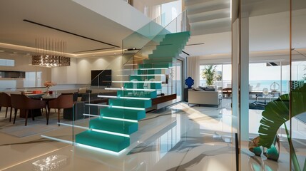 Bright teal steps on a sleek staircase with clear glass railings in a modern, open-concept living area.