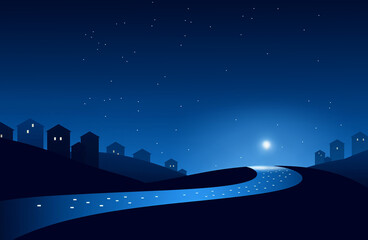 a winding road leads to city houses under starry night
