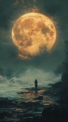 Wall Mural - Lone figure stands on a rocky shore with a massive, glowing moon illuminating the dark, misty night sky