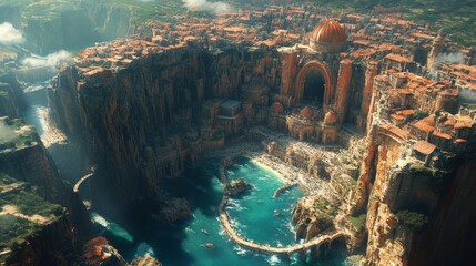 Poster - Majestic, ancient coastal city with towering cliffs, a massive domed structure, and turquoise waters surrounded by buildings