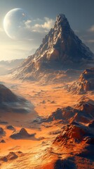 Wall Mural - Majestic mountain rises from a vast, rocky desert landscape with a large planet visible in the sky above