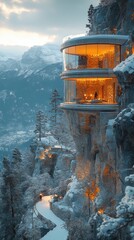 Sticker - Modern, glass-walled house perched on a snowy cliffside, surrounded by trees, overlooking a mountainous landscape at sunset