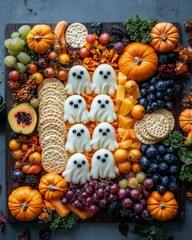 top view of Halloween board with assortment cheeses, crackers, meat and fruit pieces. traditional celebration October feast.