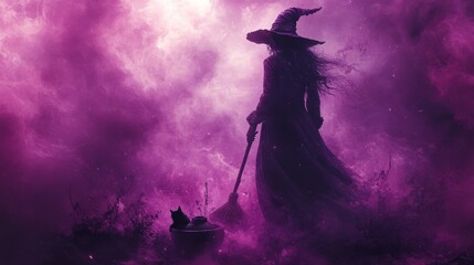 Wall Mural - Mysterious witch with a pointed hat stands with a broom, accompanied by a cat, in a misty purple atmosphere