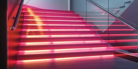 Bright, minimalist stairs with hot pink steps, glass railings, and integrated LED lighting for a bold statement.