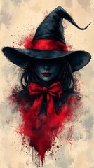 Mysterious figure wearing a black hat and red bow tie, surrounded by splattered red paint