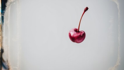 A single cherry with a stem against a blurred background