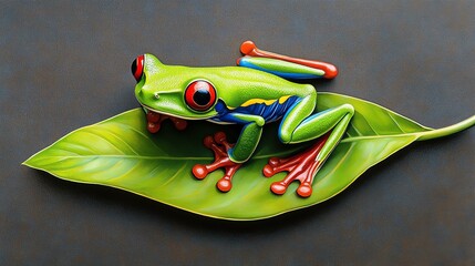 Vibrant Red-eyed Tree Frog Resting on Lush Tropical Leaf, Showcasing Striking Colors and Detailed Features of Rainforest Habitat